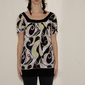 Black multicolor patterned tunic pink and green size medium dressbarn